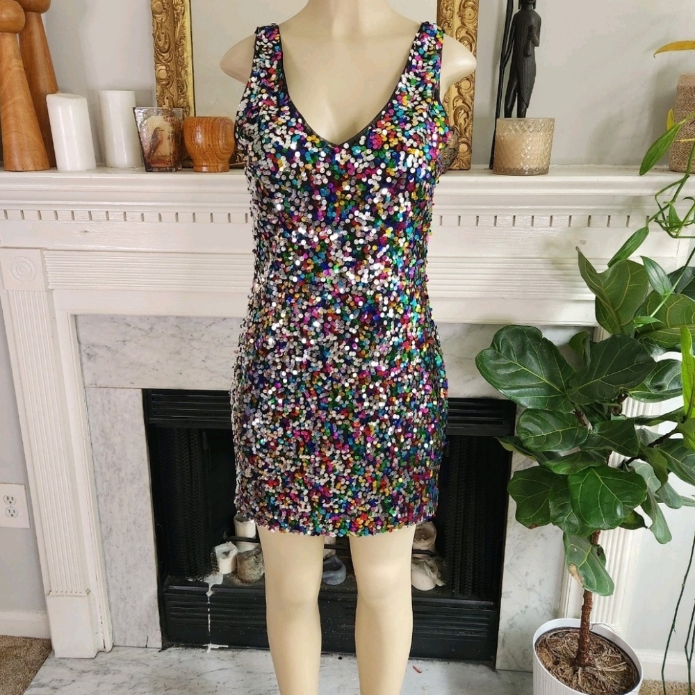 Lulus Silver Sequin Mini Dress Stretch Bodycon Party Indie Sleaze Size Medium - Picture 2 of 6